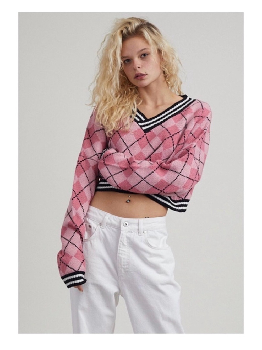 The Ragged Priest Springer Knit Cropped Argyle Sweater Pink XS